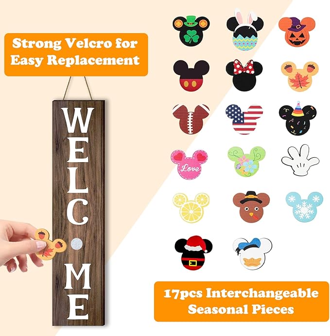 15.7'' Cute Mouse Seasonal Interchangeable Home Sign for Front Porch,18pcs Interchangeable Hanging Vertical Welcome Door Sign for Farmhouse/Wall/Porch Decor and Housewarming Gift