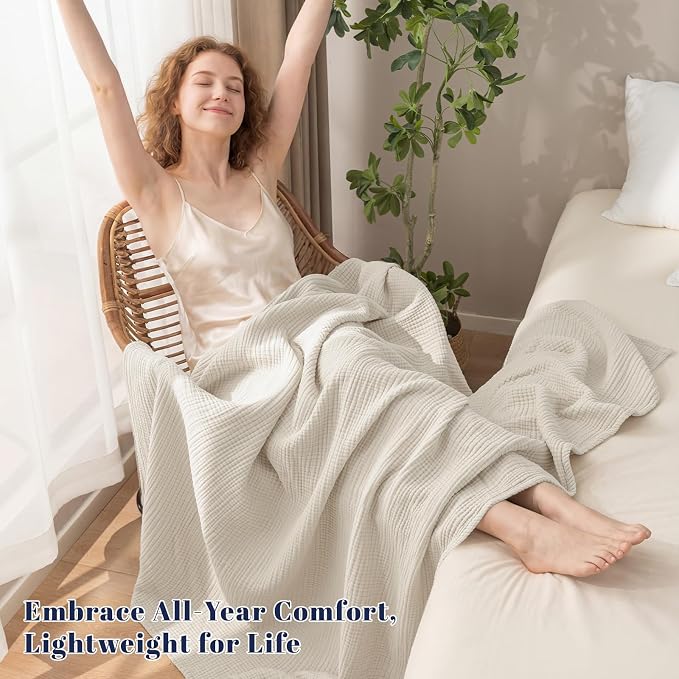 PHF 100% Cotton Muslin Blanket Twin XL Size 66"x90", 4-Layer Lightweight Gauze Throw, Breathable Cloud-Soft Minimalist Blanket for Bed, Couch, Camping & Baby, Oat Milk, Ideal Gift