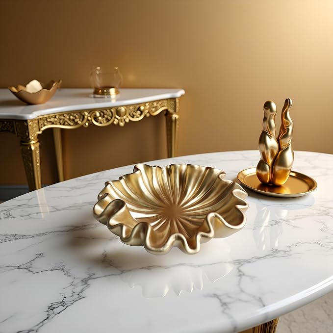 12" Large Decorative Bowl decor - Scalloped Decorative Bowls for Home Decor - Organic Fluted Modern Home Decor,Ruffle Decor key bowl,bowl for keys,Golden