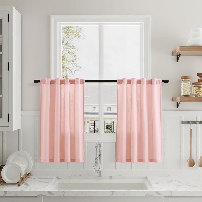 Pink Linen Cafe Farmhouse Kitchen Curtains 36 Inch Length Linen Privacy Light Filtering Pleated Short Curtains with Rod Pocket Back Tab for Over Sink Cafe Girl Bathroom Laundry Room 2 Panels 26Wx36L