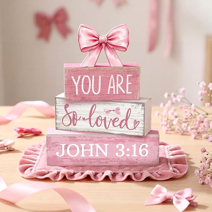 Lineshading 4 Pcs Christian Table Decor Pink Bow Wooden Block Signs Set "you Are So Loved John 3: 16” Christian Gifts for Women Coquette Aesthetic Bow Centerpieces for Home Office Shelf Decorations