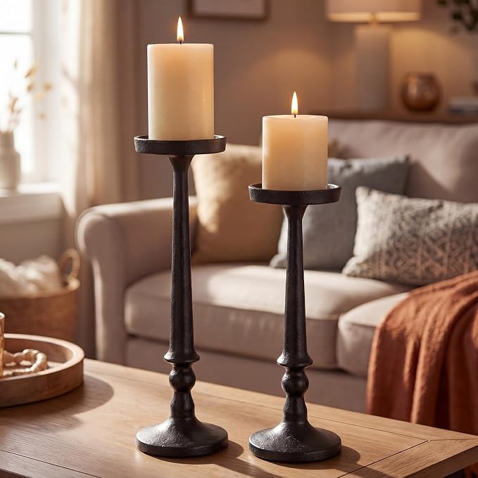 Set of 2 Black Antique Brass Candlestick Holder Vintage Cast Iron Tall Candle Stand for 3 Inch Pillars Metal Candle Stand for Party Table Decor