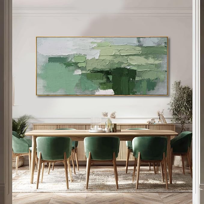Green Hand-painted Abstract Canvas Wall Art, 32x70 Inch Framed Horizontal Artwork with Layered Green Tones for Living Room Decor