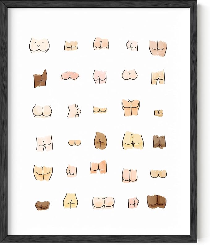 HAUS AND HUES Funny Bathroom Art – Butts Collage Poster, Playful Restroom Wall Piece, Witty Washroom Design (16x20, Black Frame)