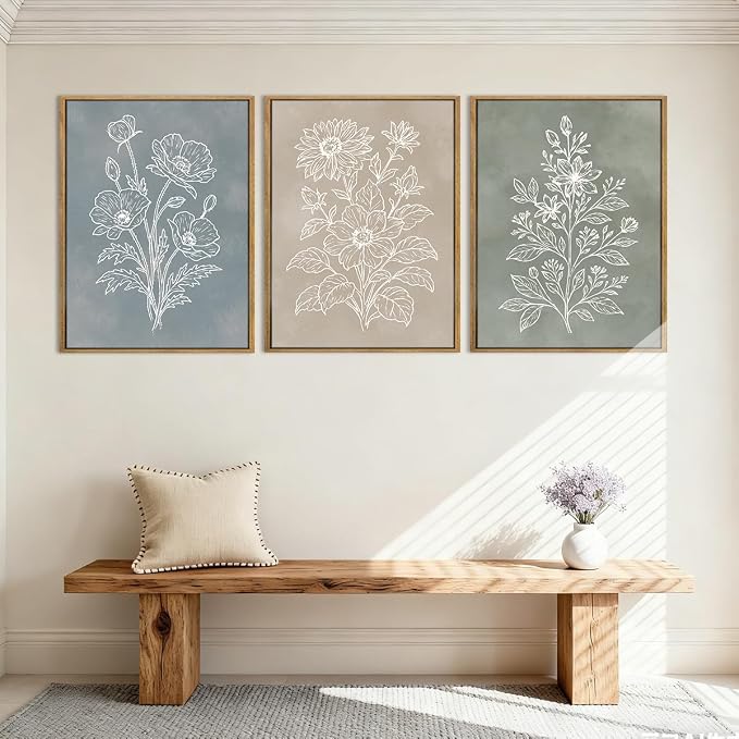 Anyzal Boho Floral Framed Wall Art 12x16 Inch Farmhouse botanical Canvas Wall Decor Modern Minimalist Plant Artwork for Living Room Bedroom Dining Room Set of 3