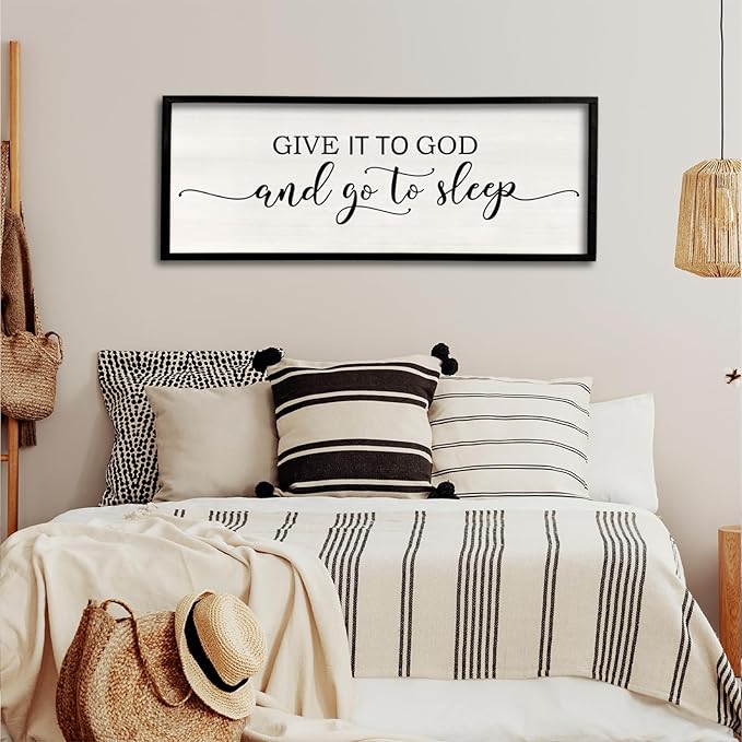 Give It To God And Go To Sleep Wall Decor 40"X15" Master Bedroom Above Bed Sign Christian Rustic Farmhouse Over Bed Large Religious Vintage Wood Framed Horizontal Catholic Wall Hanging Art (Black)