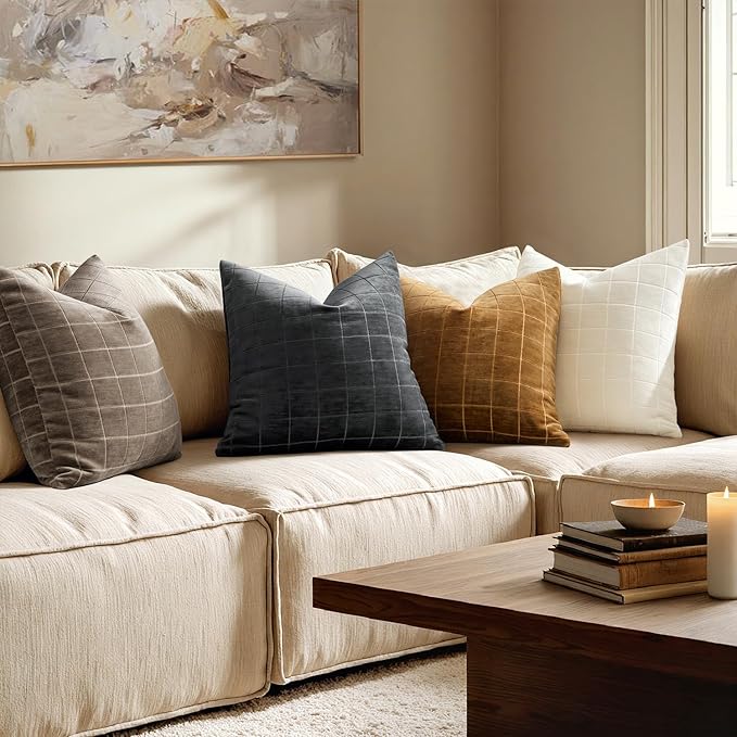 MIULEE Decorative Chenille Check Throw Pillow Covers Vintage Plaid Couch Pillows 18x18 Inch Set of 2 Neutral Boho Farmhouse Cushion Covers Modern Home Decor for Sofa Bed Living Room Black