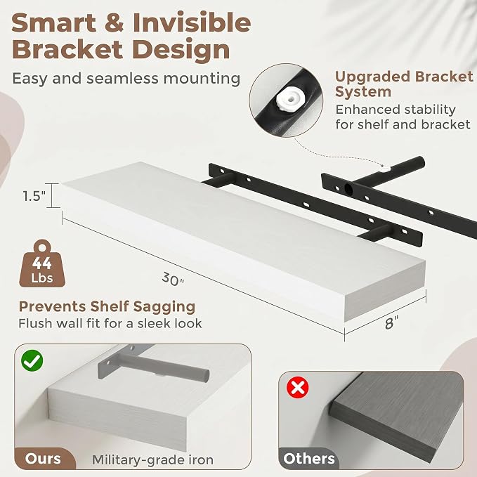 30 Inch Floating Shelves for Wall, 8"D Wood Storage Shelves, White Finish | Engineered Wood, Invisible Bracket, Large Storage, Easy Install, Hold Up to 44lbs, Living Room, Bathroom, Bedroom, Kitchen