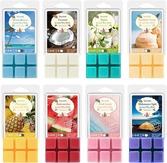 Summer Scented Wax Melts, Soy Wax Melts Gift Set, Wax Cubes/Tarts for Warmer - Ocean Breeze, Coconut, Mojito, Vanilla Ice Cream, Pineapple, Watermelon, Pink Sands, Night, 8x2.6 oz