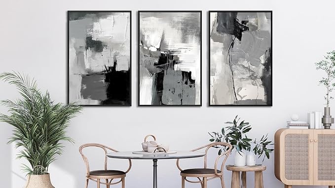 Large Framed Canvas Wall Art - Retro Grey Graffiti Pictures for Living Room Rustic Abstract Wall Decor Vintage Prints for Bedroom Dinning Room Black Float Framed 24" X 36" X 3 pcs