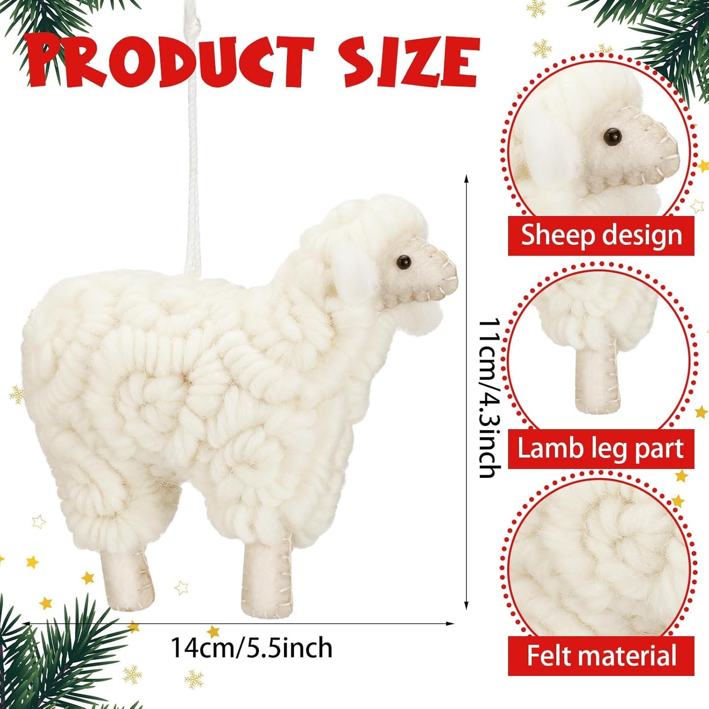 Jenaai 3 Pieces Felt Sheep Christmas Ornaments Sheep Decorative Hanging Ornaments Vintage Farm Wooly Lamb Tree Xmas Pendant Curly Decor for Holiday Figurines Gifts (Classic)