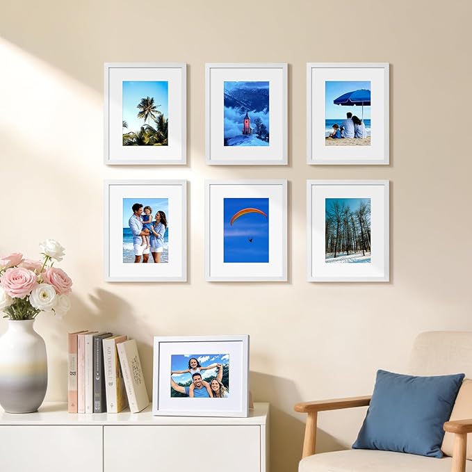 HappyHapi 8x10 Picture Frames Set of 10, 5x7 with Mat or 8x10 Without Mat, Tabletop or Wall Display for Photos, Paintings, Posters, Artwork（White）