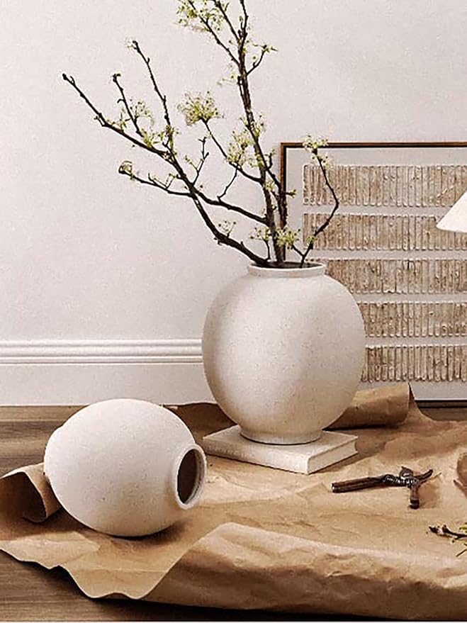 White Ceramic Vase - Large 13.5 Inch Round Floor Vase for Centerpieces, Farmhouse Flower Vases, Rustic Minimalist Home Decor (Sandstone White)