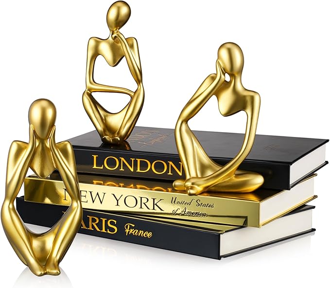 Feifeiya 6 Pcs Gold and Black Color Decorative Book & Thinker Statue Set - 3 Books Accents 3 Thinker Abstract Art Sculpture Home Decoration for Living Room Bookshelf Table Decor