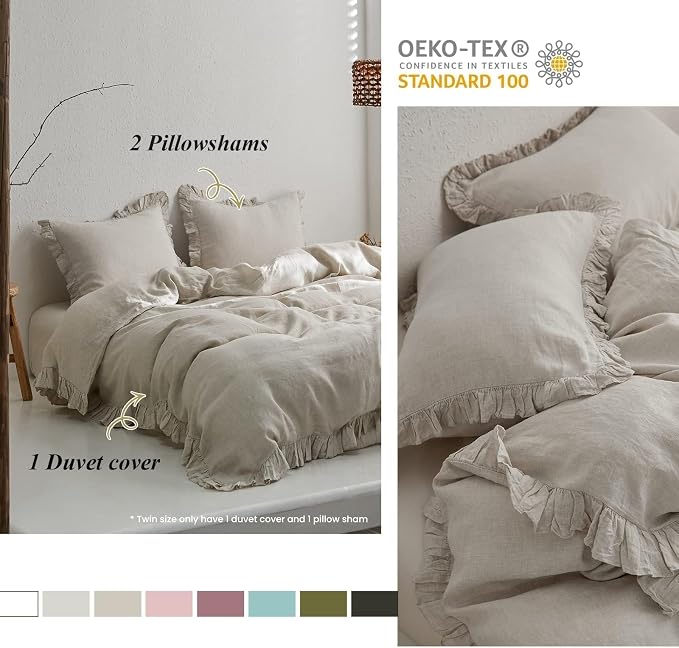 Simple&Opulence 100% Linen Duvet Cover Set, 3 PCS Natural French Flax Ruffle Duvet Cover Full Size, Breathable Comfy Linen Bedding Comforter Cover with 2 Pillowcases (Natural Linen, 78"X 86")