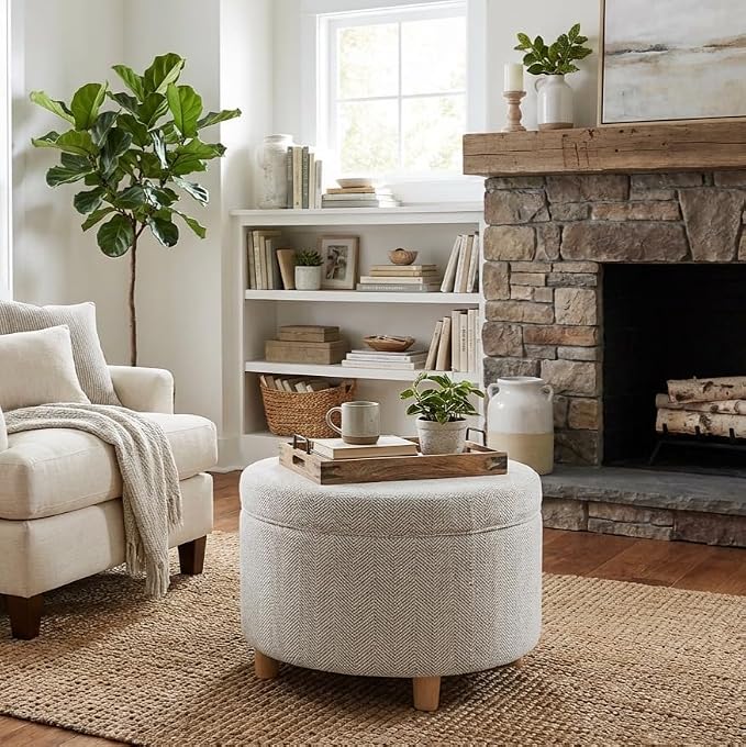 HomePop 24" Large Round Storage Ottoman - Cream Chevron Woven