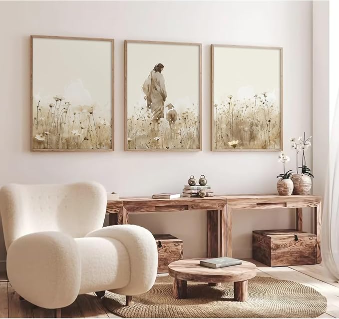 Jesus Leaves the 99 Sheep Wall Art Christian Canvas Poster Jesus and Lamb Wall Decor Religious Pictures Lost Sheep Painting God Christ Painting Artwork for Bedroom Living Room 16x24x3 Inch Unframed