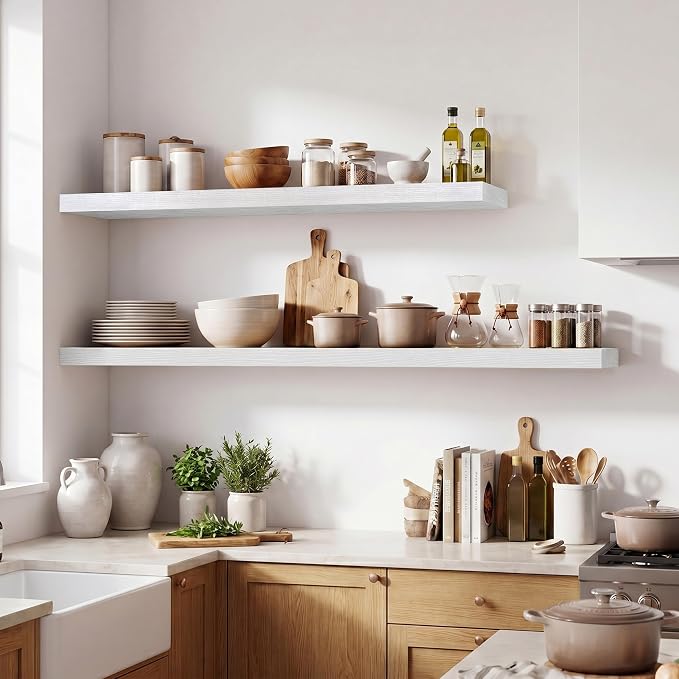 Acovy 48 Inch Floating Shelves for Wall Set of 1,Rustic Wood 12" Deep Wall Mounted Shelves,Floating Shelf with Invisible Brackets for Kitchen,Bathroom,Living Room,Decor & Storage,White