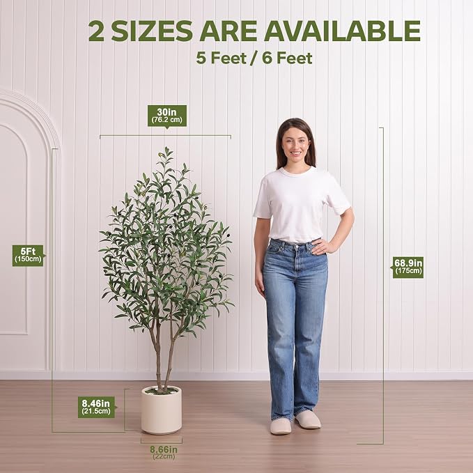 Verinatural Artificial Olive Tree Faux Plants Indoor - 5FT Tall Fake Tree with Remote LED Spotlights, Cylinder Round White Planter - for Modern Home Office Living Room Floor Display, VN214