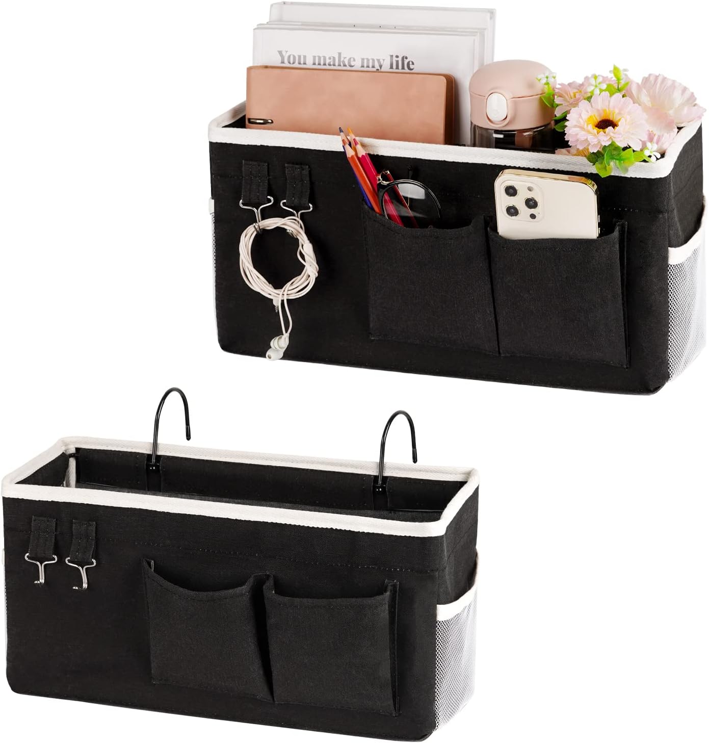 Bedside Storage Caddy/Bedside Hanging Storage Bag for Headboards Bunk Beds Dorm Rooms Book Phone Magazine Holder (2PC Black)