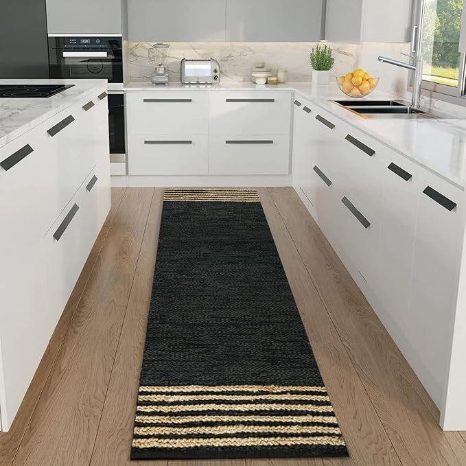 GRUHUM Jute Runner Rug 2'6"x10' ft Black Leather Natural Jute Rug 2.5x10 ft | Handwoven Boho Braided Soft Rustic Vintage Ecofriendly Indoor Rugs for Kitchen Farmhouse Bedroom Hallways Entryways