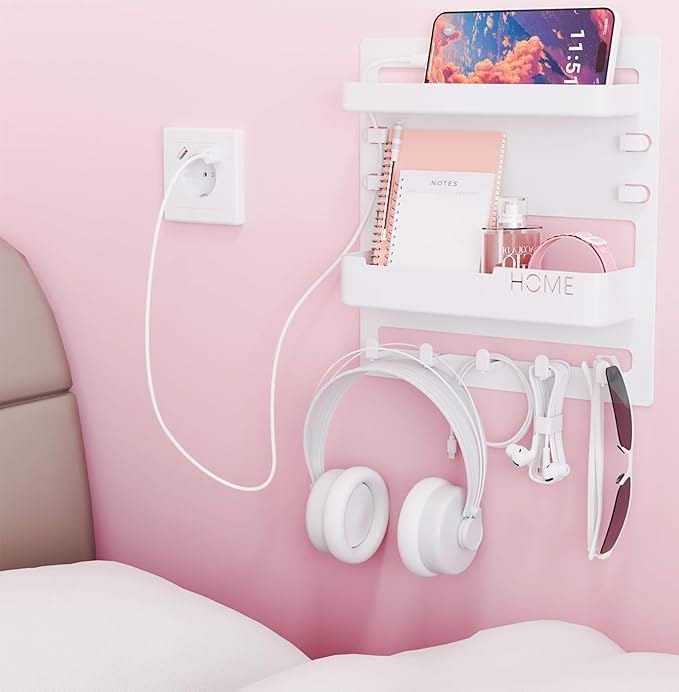 Yieach Bedside Wall Organizer for Dorm Bed,Rv,Small Room and Nightstand,Wall Mounted Floating Shelves and Bedside Shelf for Remote,Phone Holder,Charging Shelf,Cute Bedroom Decor for College Girl,White
