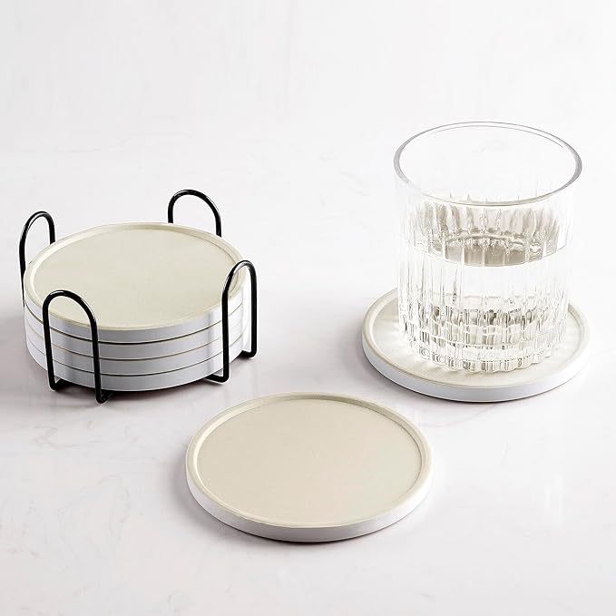Set of 6 Beige Coasters with Holder, Absorbent Ceramic Drink Coasters with Cork Backing for Table Protection, Table Decor, Housewarming Gifts