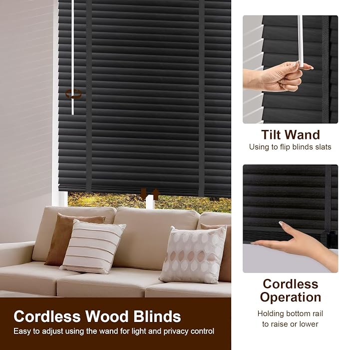 2" Cordless Real Wood Blinds for Indoor Windows, Black Walnut, 42"W x 48"H | Horizontal Venetian Blinds with Tilt Wand, Light Filtering, Privacy Control, Easy Installation for Bedroom, Living Room