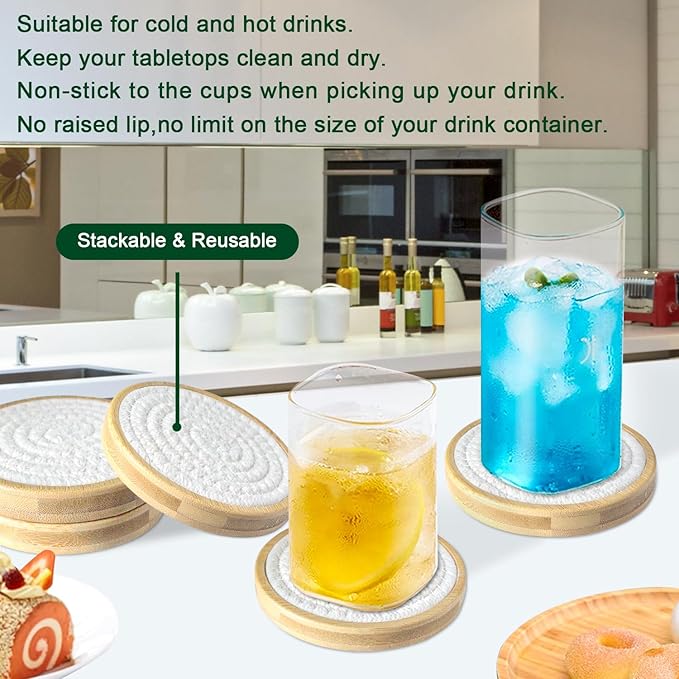 Eykao Bamboo Coasters for Drinks, Absorbent Coaster Sets of 5, Woven Drink Coasters for Coffee Table, Housewarming Gift for Farmhouse Home Decor,4 inches (White Series)