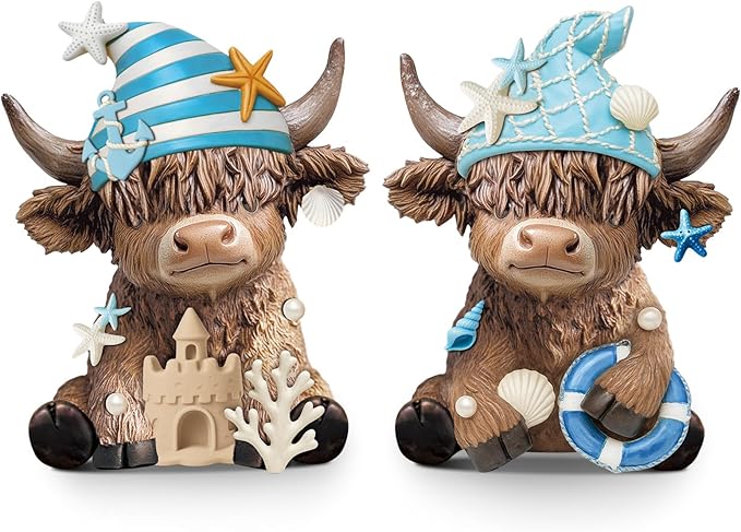 Karenhi 2 Pcs Summer Ocean Highland Cow Figurines, Nautical Resin Cow Decor with Anchor, Starfish, Shell and Coral, Coastal Farmhouse Beach Figurines for Home Table Shelf Decoration