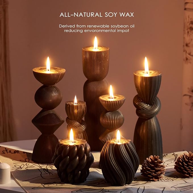 7 Pcs Large Ribbed Pillar Candles - Handmade Soy Wax Candles for Home Decor, Modern Shelf Decor, Housewarming Gift, Aesthetic Room Decor (Black)