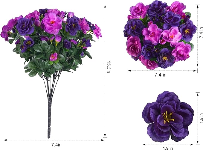 Artificial Faux Outdoor Flowers Plants for Spring Summer Decoration, Fake Silk Camellia UV Resistant Look Real for Planter Outside Front Door Porch Patio Balcony, 3 Large Bundles (Purple+Fuchsia)
