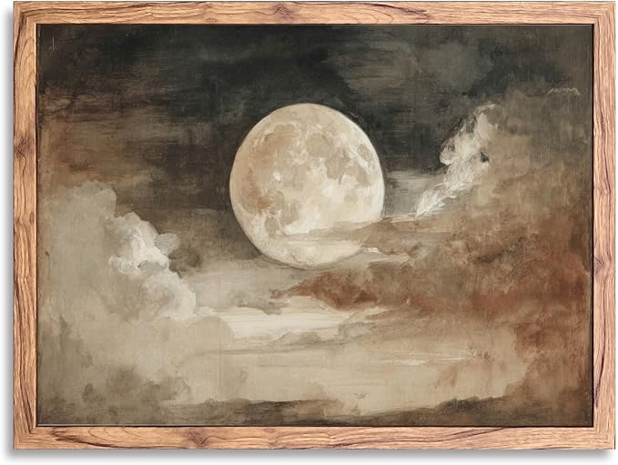 KBBYT Large Framed Wall Art Full Moon and Clouds Poster Canvas Print Vintage Aesthetic Painting Nature Countryside Pictures Wall Decor for Living Room Bedroom Home Decoration 24x36inch Wood Framed