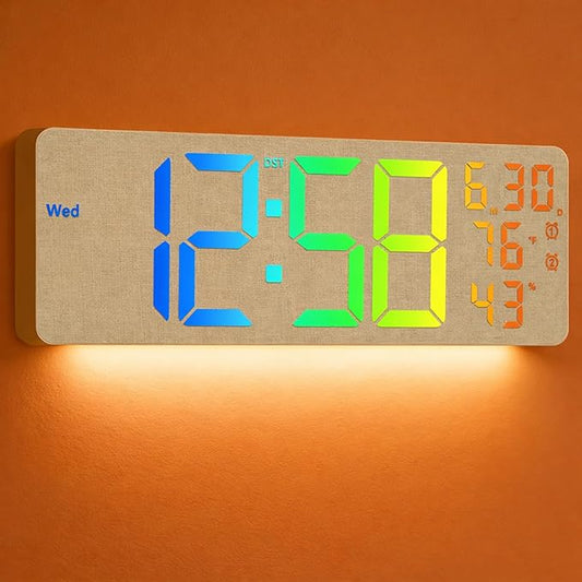 MASHI 2026 Upgrade 17.3" Large Digital Wall Mount Clock, Digital Clock with Remote Control, Alarm, Big LED, RGB Color, DST, Temperature for Living Room,Classroom, Bedroom, Decor (Beige)