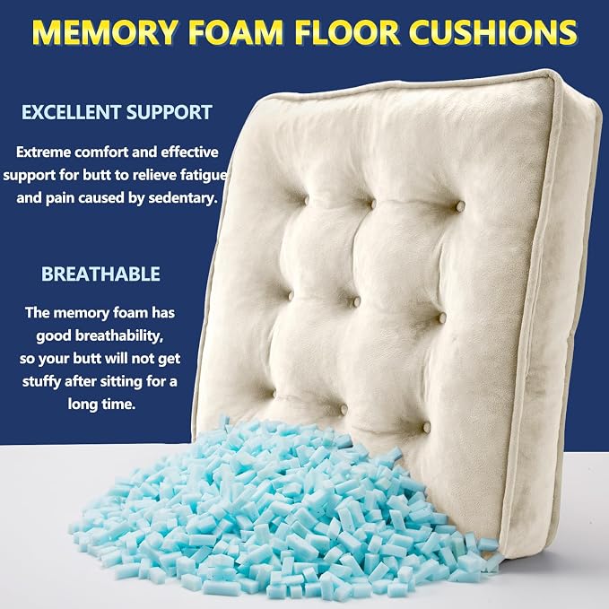 1 MIDDLE ONE Floor Pillow Set of 2, Memory Foam Meditation Cushion, Floor Cushions for Adults Sitting, Large Square Seat Cushions for Yoga, Living Room, 20x20 Inch (Off-White)
