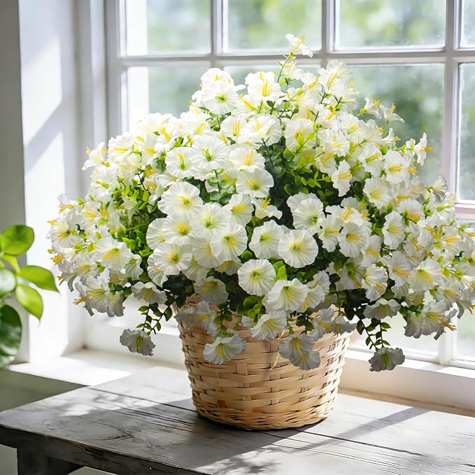 Grunyia Artificial Morning Glory Flowers - 16PCS White UV Resistant Faux Silk Plastic Blooms, Realistic Fake Plants for Garden Porch Planters Window Wedding Indoor Outdoor Decor
