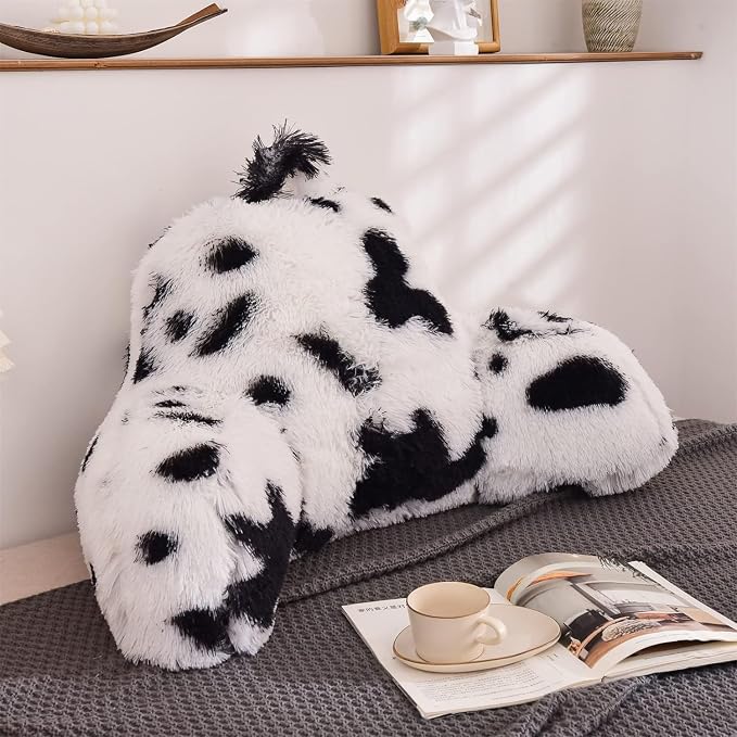 A Nice Night Faux Fur Reading Pillow Bed Wedge Adult Children Backrest with Arms Back Support Bed/Couch for Bedrest,Cow Printed,Large