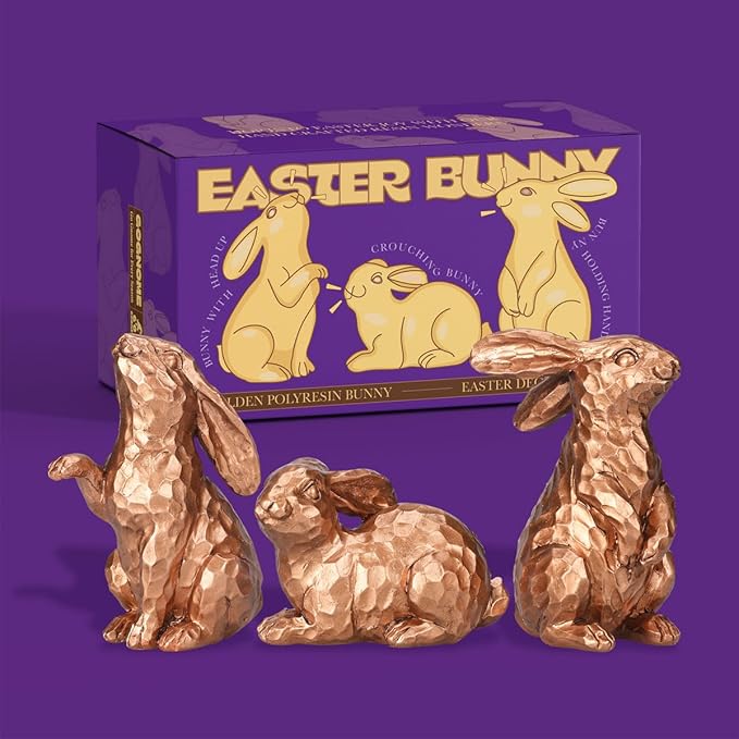 GoGnome Set of 3 Rosy Bronze Easter Decorations Resin Bunny Figurines – Easter Decorations for Home, Elegant Rabbit Decor for Table, Shelf, Mantel (Gold)