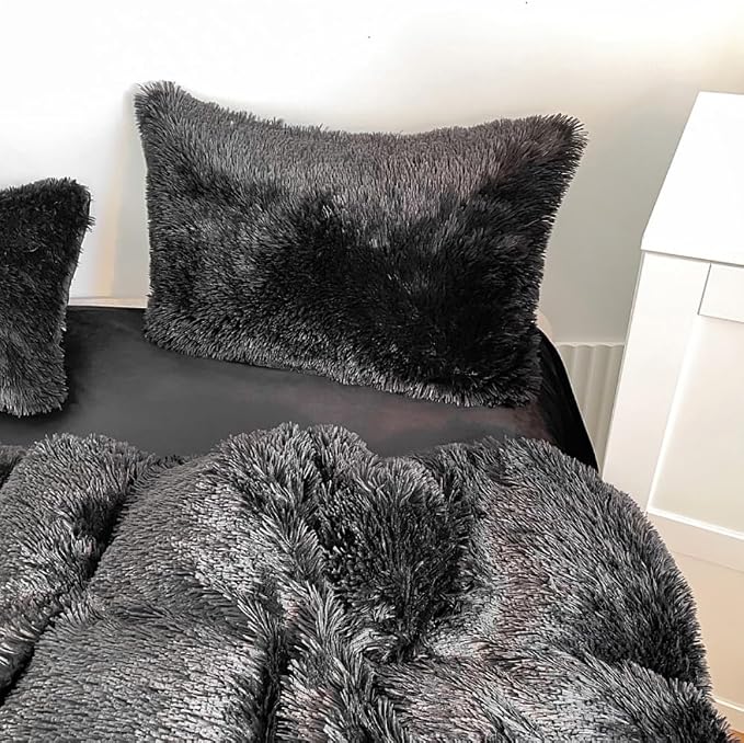 chovy Faux Fur Plush Black Comforter Sets Twin/Full Size - Ultra Soft Shaggy Flannel Velvet Fluffy Fuzzy 3PC Bedding Set （Comforter x 1 Pillowcases x 2）