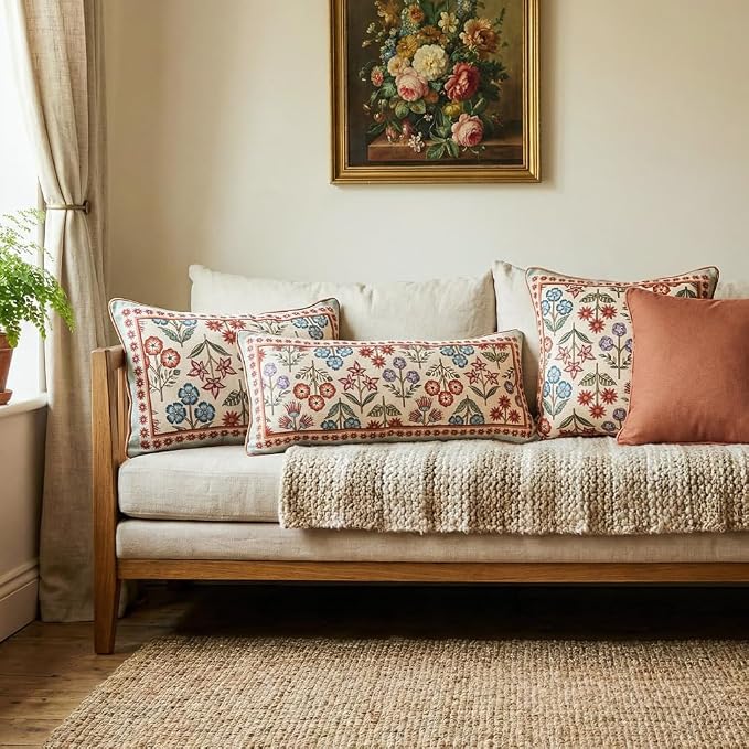 bilin gaier Rectangular Linen Throw Pillow Cover,28"x12"-Lohi A | Designer Vintage Elegant Pillow Cover,Concealed Zipper,Colorful Floral Pattern,Sofas,Bedroom,Living Room,Chairs
