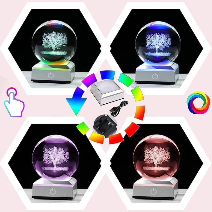 Ornalrist Crystal Ball 3D Engraved Tree of Life with LED Colorful Base, 3.15" 8CM Glass Sphere Ideas for Family Home Decor Display, Gifts for Men Women Friends on Birthday Christmas