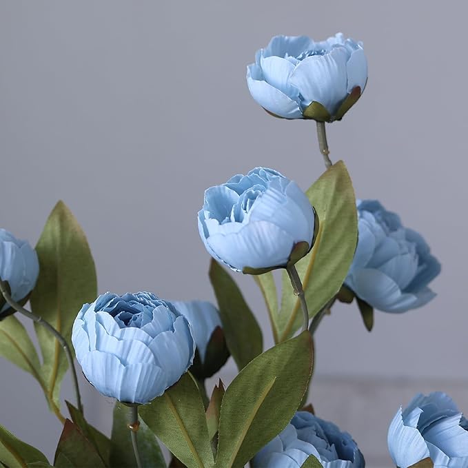 VIERENA 12 Pcs Faux Silk Peony Artificial Flowers for Vase -27", Bulk Fake Peonies Branches with Stems for DIY Bouquet Centerpieces Wedding Fillers Arrangements Shower Decorations (Dusty Blue)
