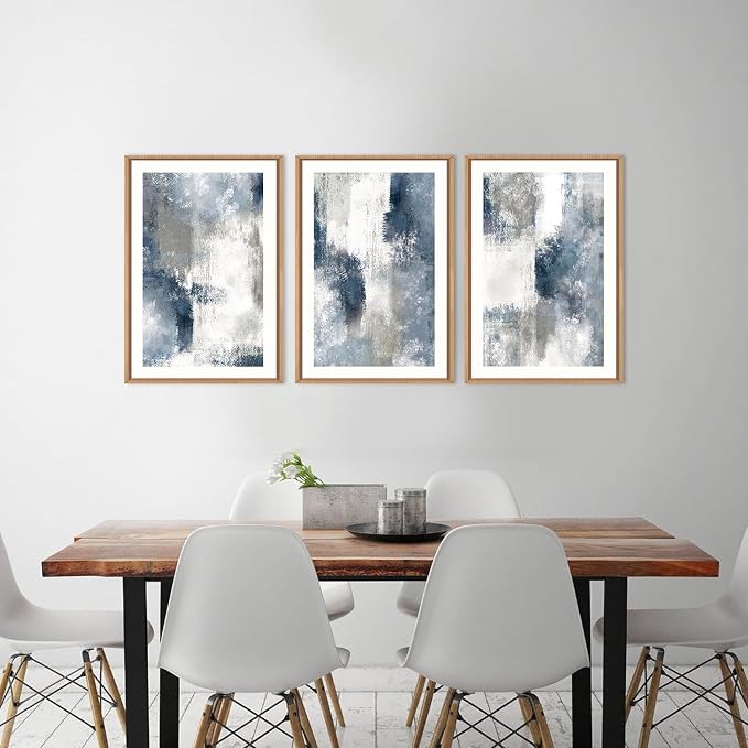 HOURIA Abstract Navy Blue Gray Framed Canvas Wall Art Set,Neutral White Brush Stroke Wall Decor,Minimalist Color Block Shapes Artwork,Modern Pastel Prints for Living Room,Bedroom,Farmhouse- 24"x36"x3