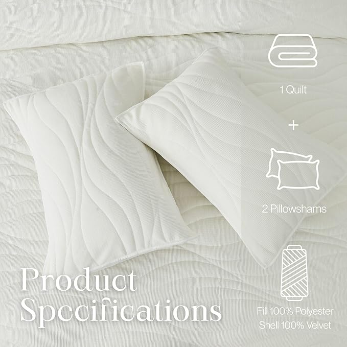 DOWN HOME Crinkle Textured Velvet Quilt Set with Shams, All-Season Luxury Modern Bedding,Easy Care Comforter,Ultra-Soft,Lightweight & Breathable, King, Throne White