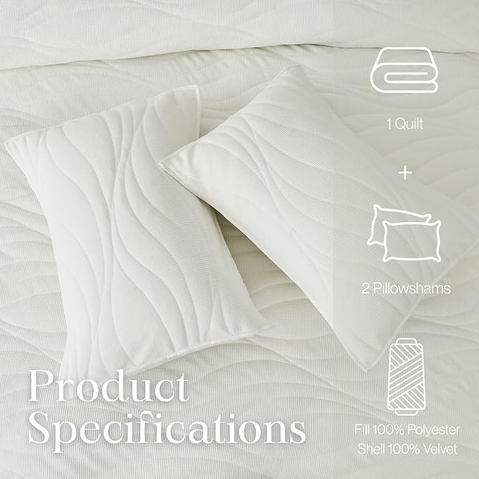 DOWN HOME Crinkle Textured Velvet Quilt Set with Shams, All-Season Luxury Modern Bedding,Easy Care Comforter,Ultra-Soft,Lightweight & Breathable, Cali King, Throne White