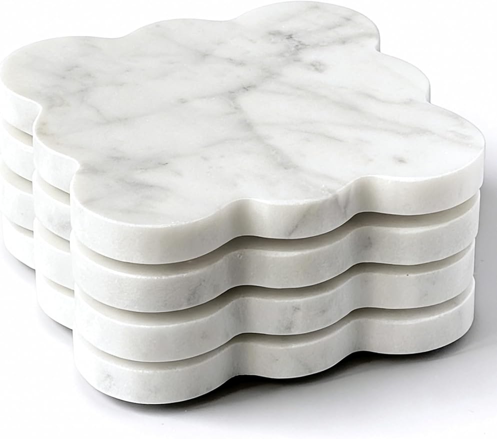 Marble Coasters Set of 4 - Natural Stone Coaster for Drinks, Modern Cup Holders, Bar Coffee Table Desk Decor, Cool Home Decor 4" (Calacatta White, Scalloped Square)