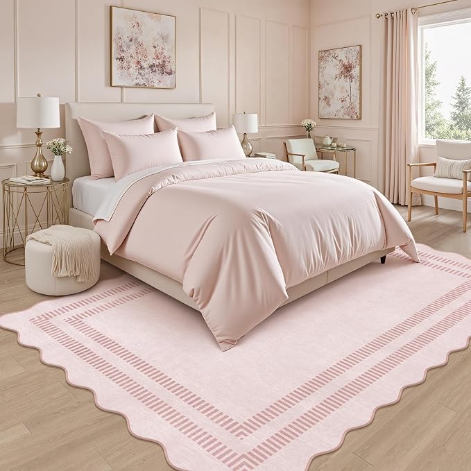 Pink Rugs for Bedroom Girls, 5x7 Washable Non Slip Area Rugs for Living Room, Soft Vintage Ultra-Thin Scalloped Carpet for Nursery Dorm Home Decor