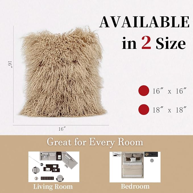 Mongolian Lamb Fur Throw Pillow Cover (18'' x 18'', Khaki) Real Sheep Fur Decorative Cushion Cover Case Home Decorative Square Throw Pillow Cover Plain Wool Pillow Protector