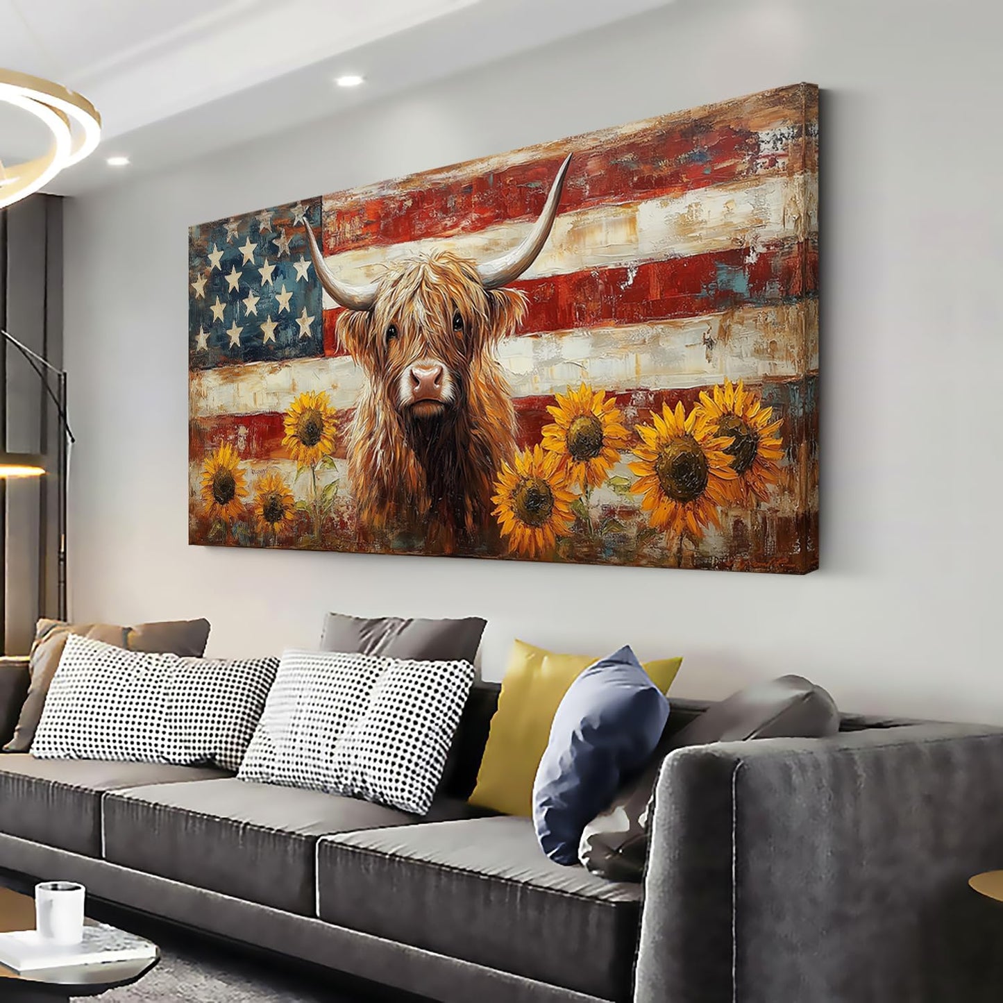 LASMOND Country Highland Cow Wall Art for Living Room Rustic Retro Vintage American Flag Sunflower Canvas Painting Prints Highland Cattle Artwork Farmhouse Bedroom Office Decor (30x16 Inches)