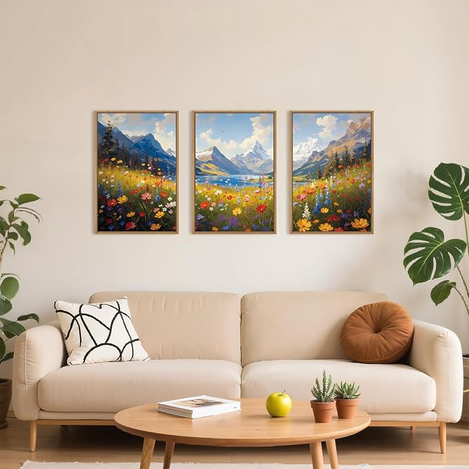 HOURIA Spring Boho Vibrant Watercolor Wildflower & Snowy Mountain Framed Canvas Wall Art Set,Colorful Floral Landscape Decor,Modern Natural Field Scenery Artwork for Living Room,Bedroom,Farmhouse-16"x24"x3